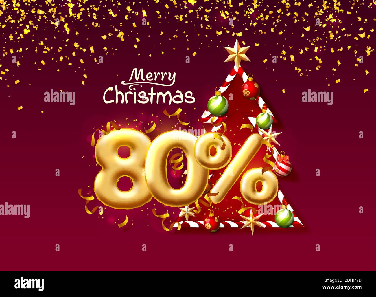 Buon Natale, sconto 80 numero di ballon su sfondo rosso. Illustrazione vettoriale Illustrazione Vettoriale