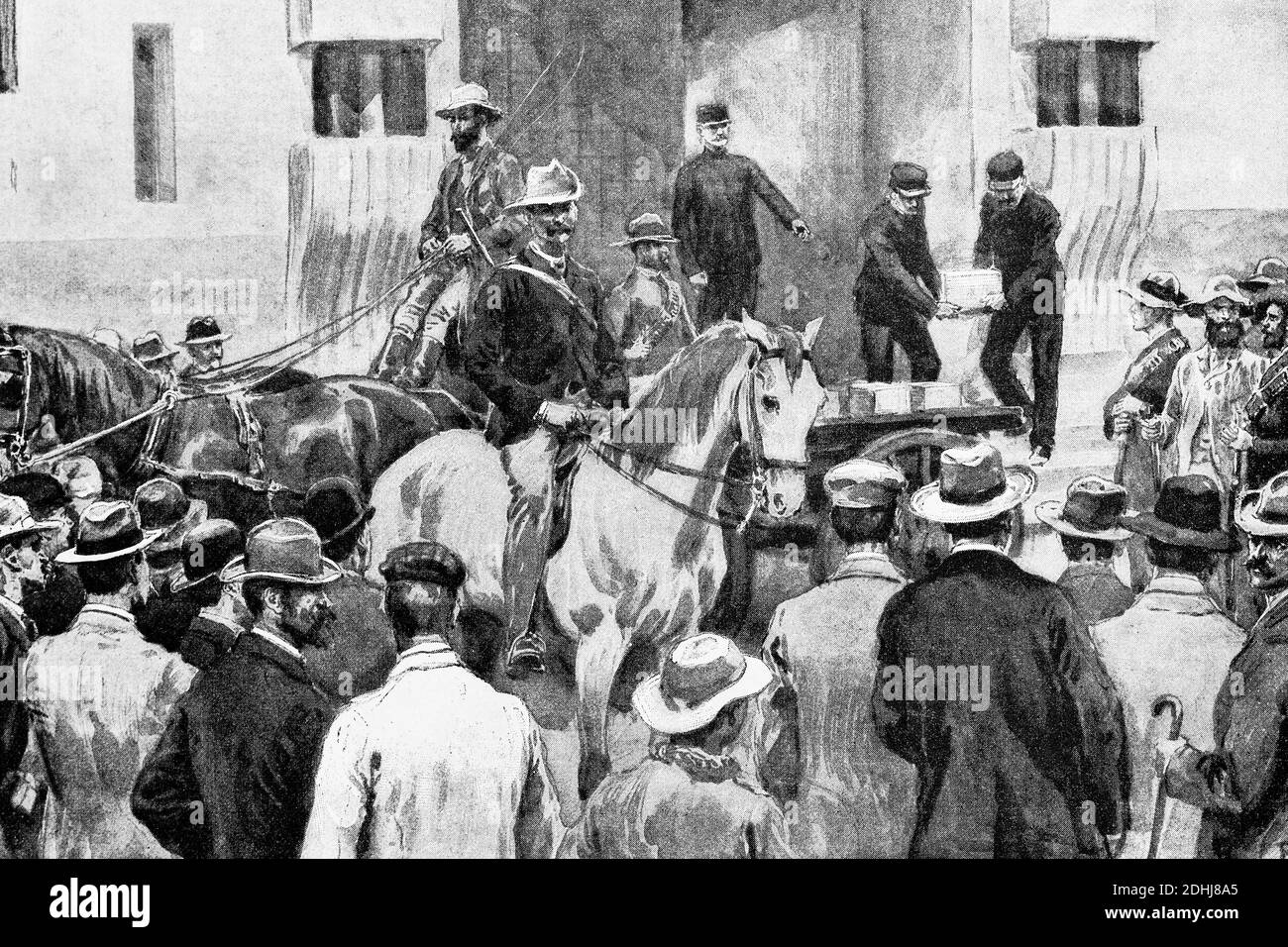 Guerra Anglo-Boer. Boers estrazione dell'oro dalla Banca d'Africa a Johannesburg. Illustrazione antica. 1899. Foto Stock