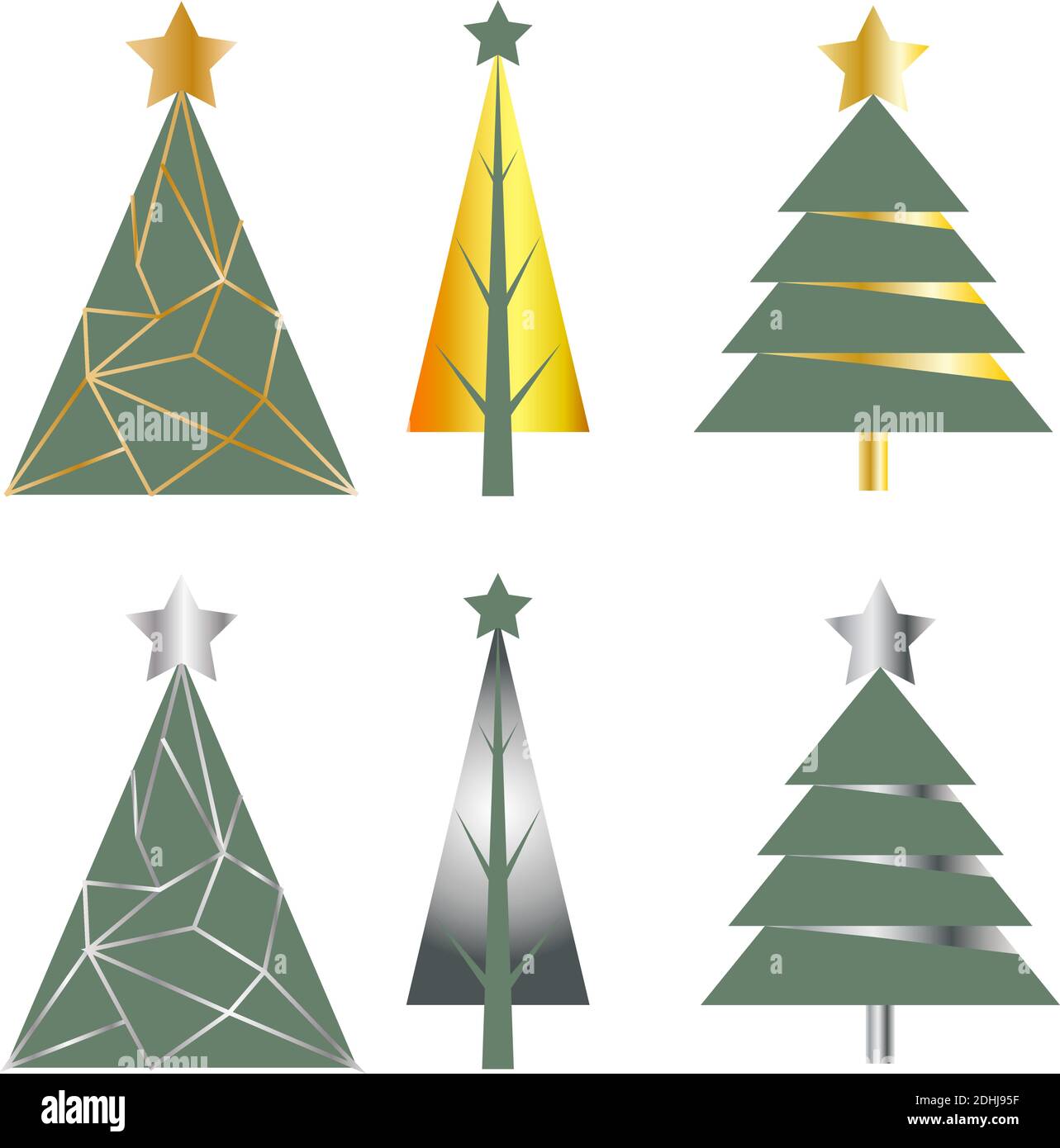 Capodanno e Natale insieme di pini astratti con oro e argento Illustrazione Vettoriale