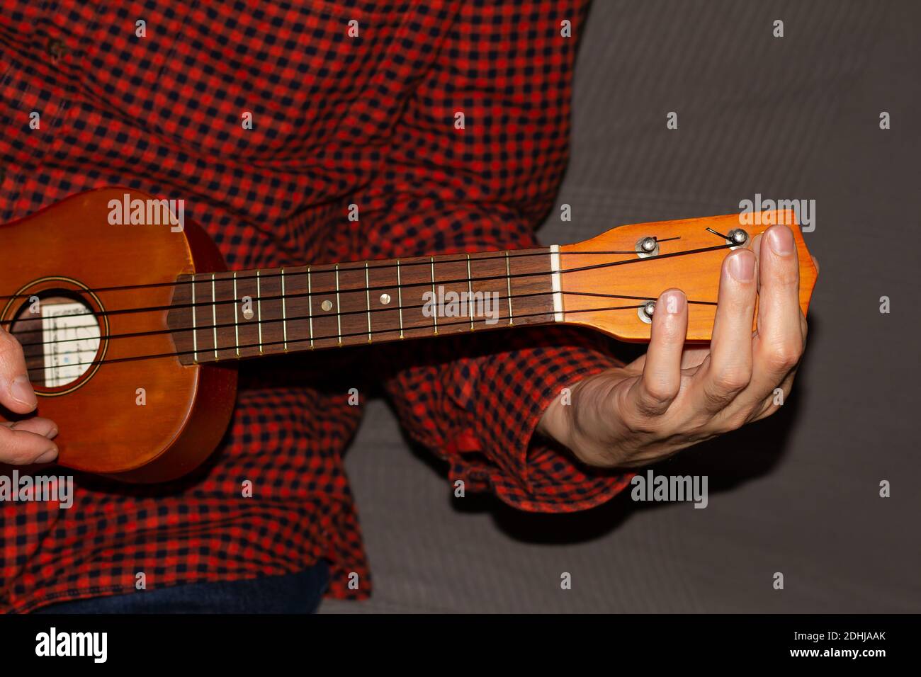 Un closeup di un uomo che indossa una camicia rossa a scacchi, giocando il ukulele Foto Stock Un closeup di un uomo che indossa una camicia rossa a scacchi, giocando il ukulele Foto Stock