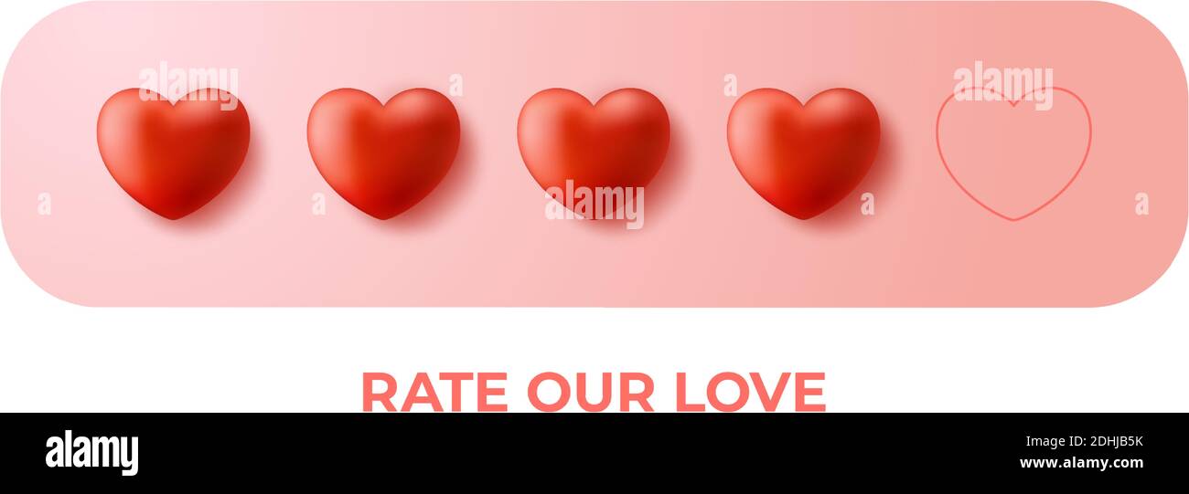 Fornire cinque concetto di classificazione cardiaca. Revisione, feedback o concetto di stato di soddisfazione. San Valentino, valuta il nostro amore. Illustrazione vettoriale stile 3d. Illustrazione Vettoriale
