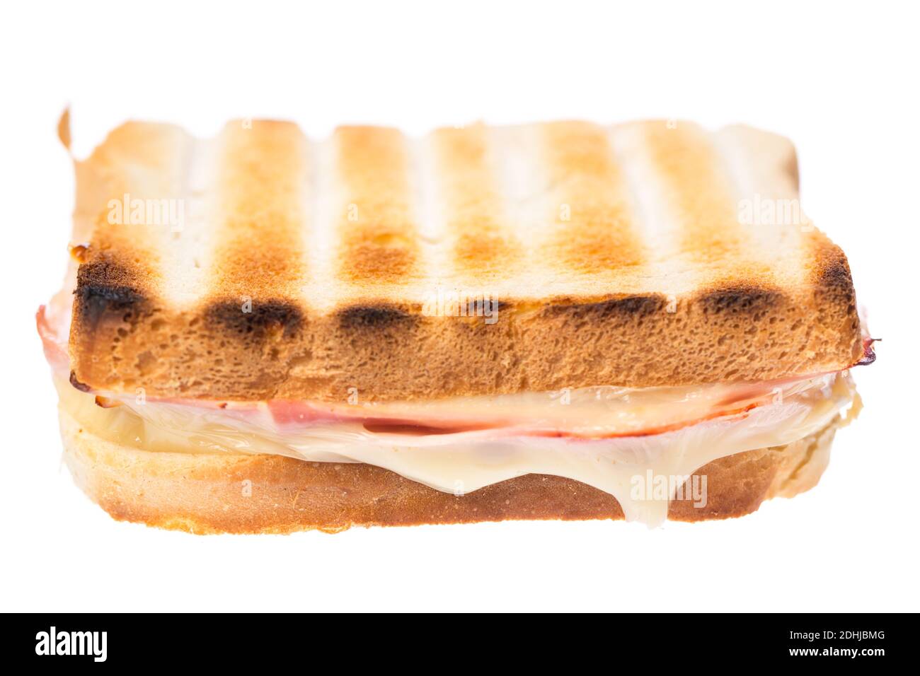 Un sandwich di prosciutto e formaggio dalla parte anteriore su bianco sfondo Foto Stock