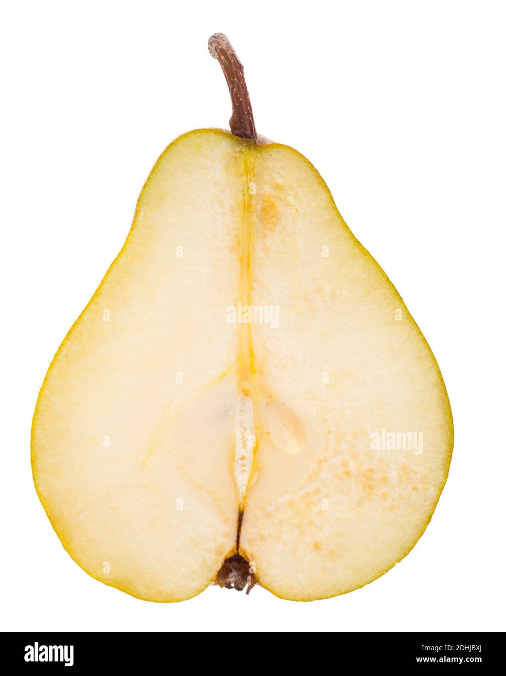 Frutti reali: All'interno di una mezza pera su sfondo bianco Foto Stock