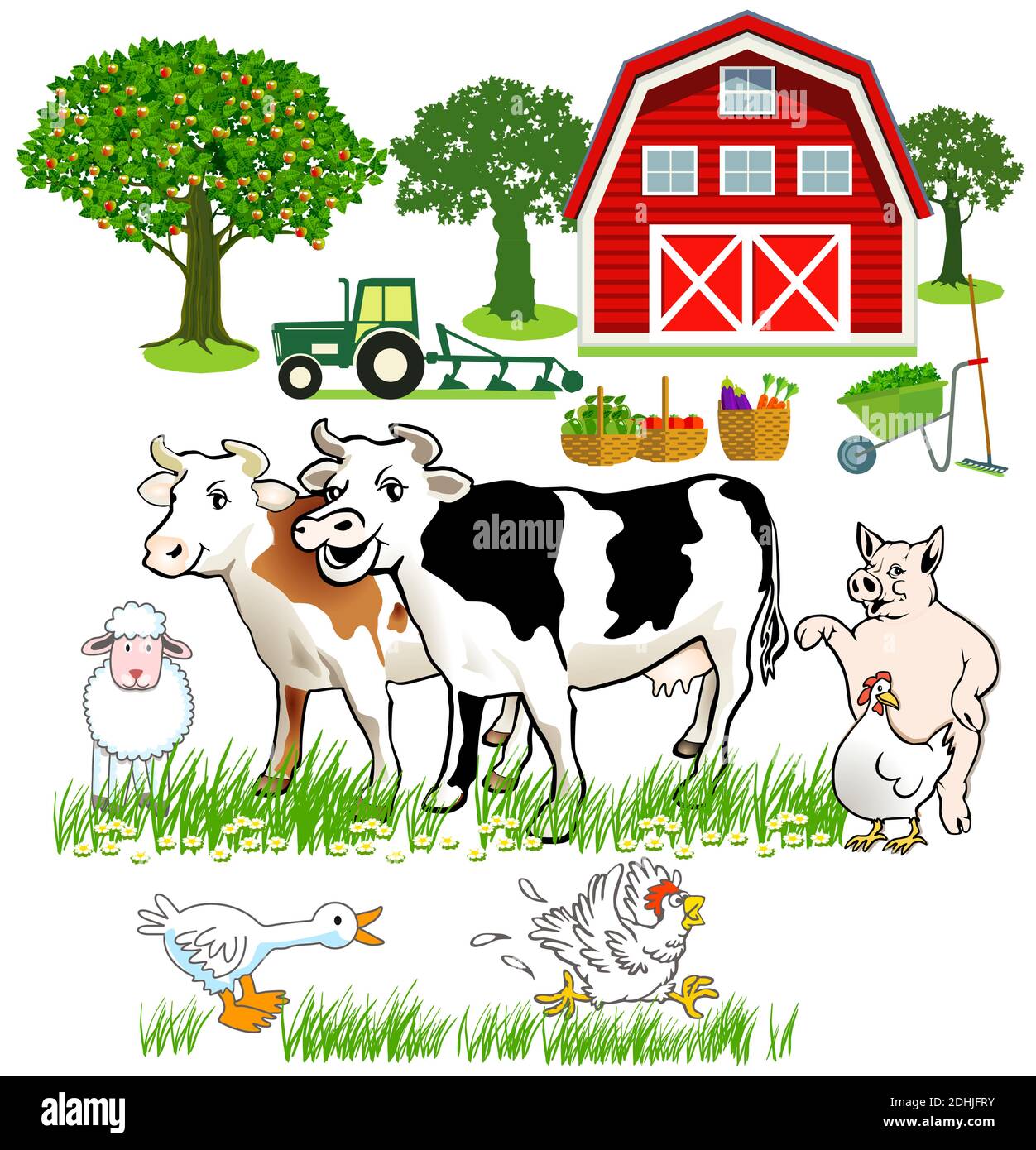Mucche e maiali amichevoli, polli con una fattoria Illustrazione Vettoriale