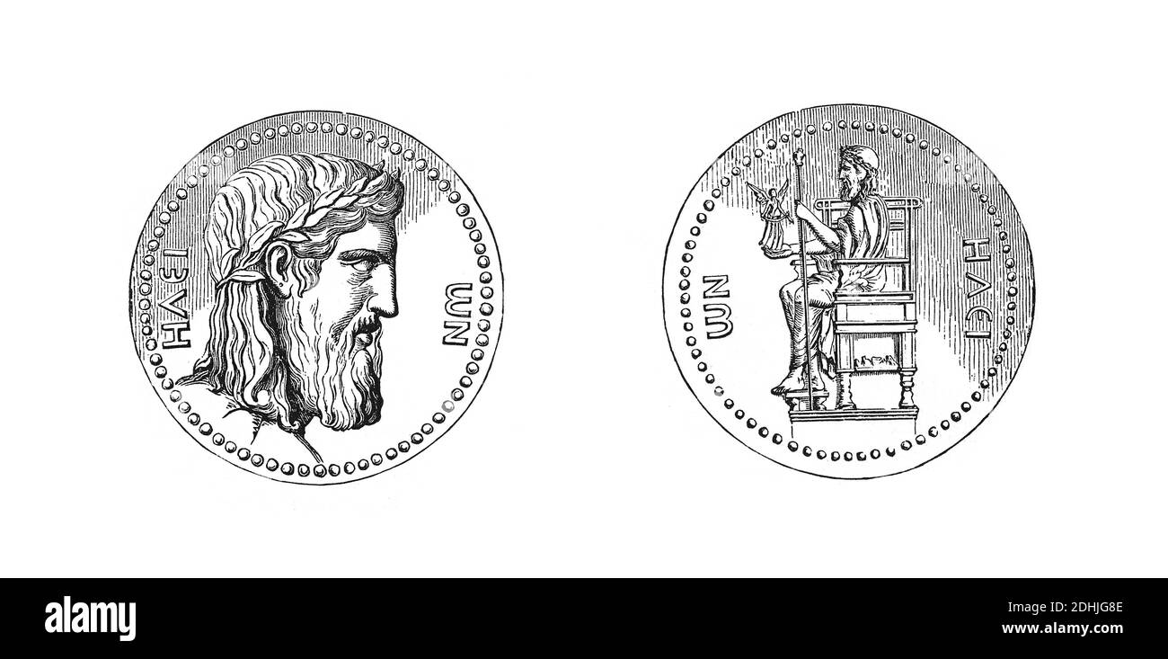 Illustrazione originale di entrambi i lati della medaglia di Adriano. Pubblicato in una storia pittorica del mondo grandi nazioni: fin dalle prime date per le prese Foto Stock