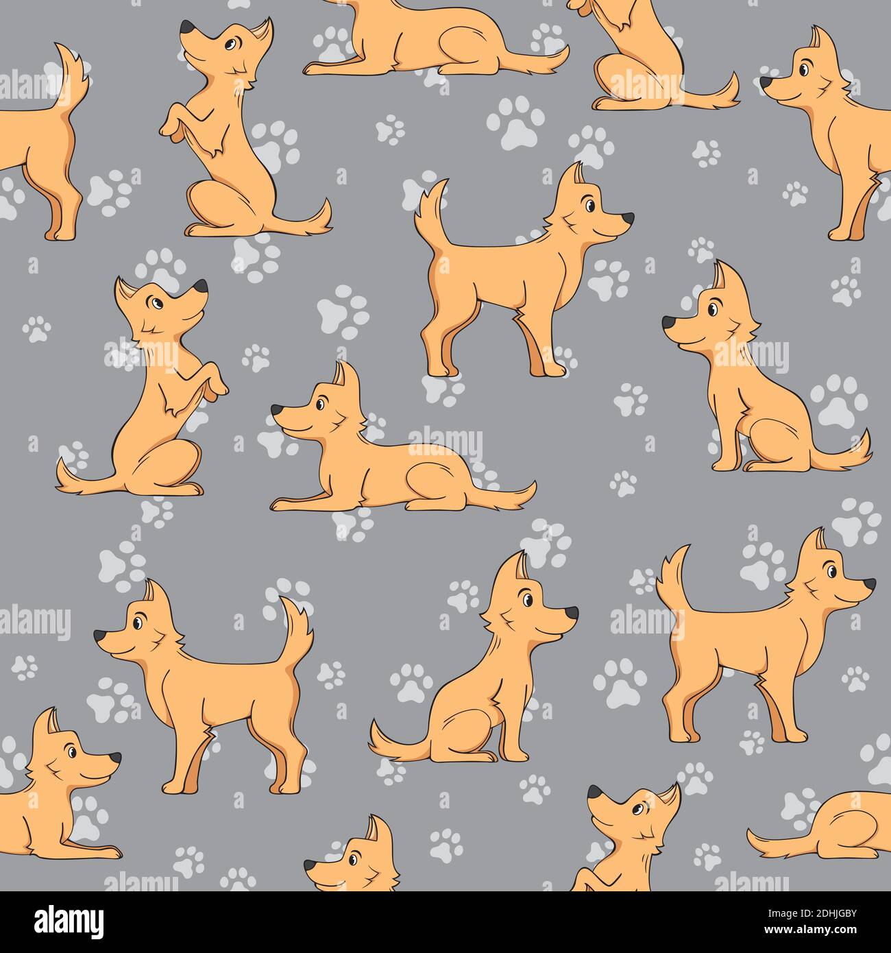 Stampa uniforme di pattern dog e paw su sfondo grigio. Illustrazione Vettoriale