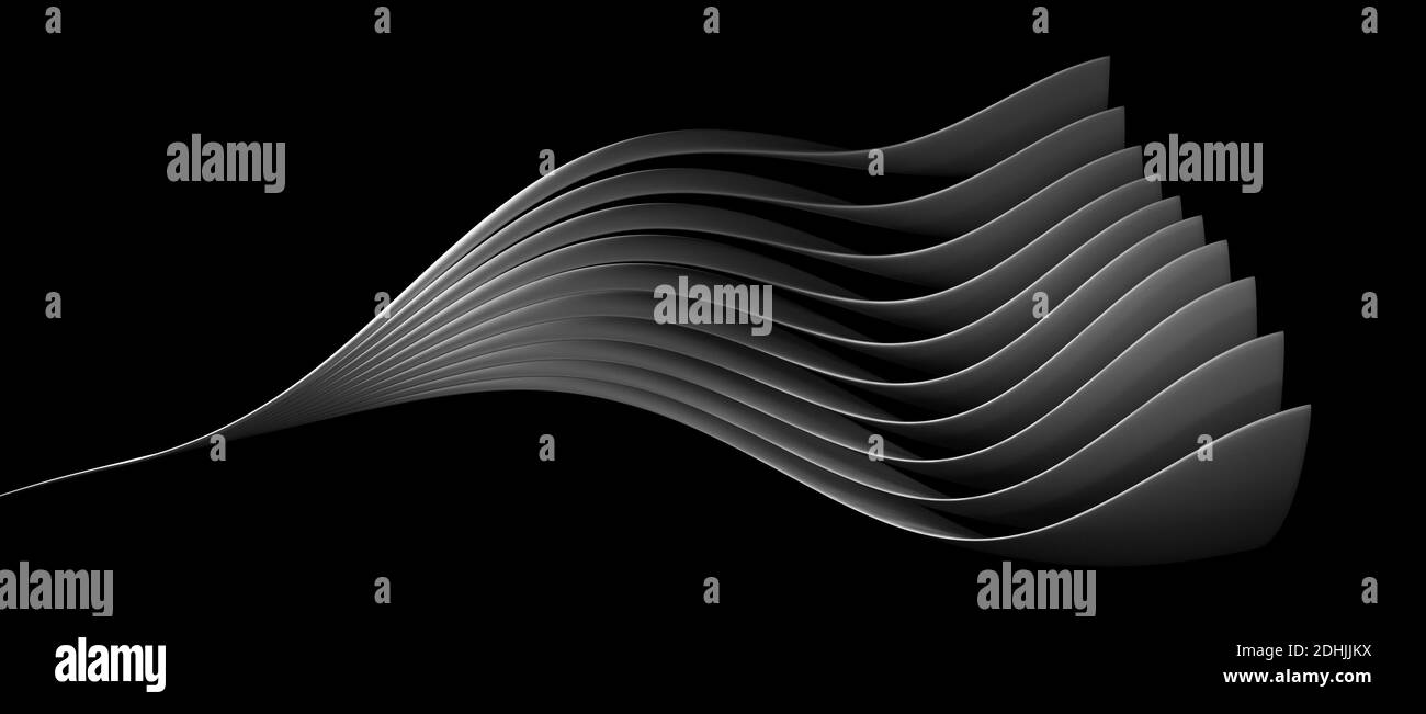 Oggetto 3D ritorto moderno astratto con molti livelli, curve o forme fluenti, sfondo nero, illustrazione cgi, rendering, nero, grigio scuro Foto Stock