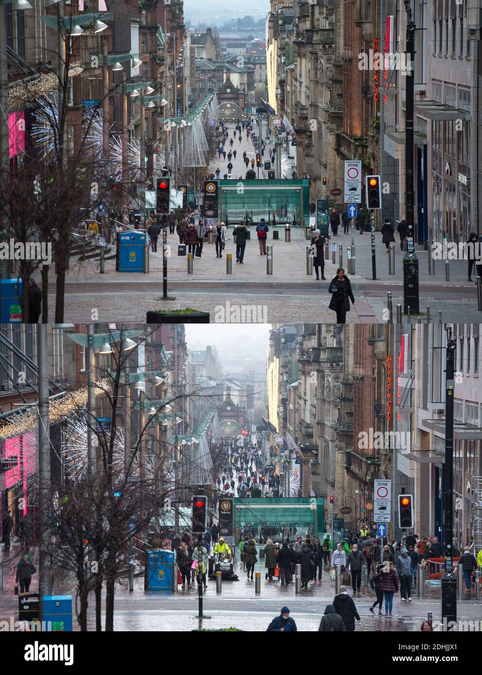 Glasgow, Scozia, Regno Unito. 11 Dicembre 2020. Nella foto: Guardando giù l'intera lunghezza di via Buchanan; (a sinistra) immagine presa 10 dicembre. (A destra) immagine fatta oggi, 11 dicembre. Immagini composite prese a distanza di 24 ore, che mostrano la città di Glasgow ‘style Mile' che è Buchanan Street mostrando le scene tranquille quando era nella fase 4 blocco il 10 dicembre 2020. Oggi l'11 dicembre Glasgow è in fase 3 blocco dove tutti i negozi non essenziali sono aperti, dando agli acquirenti la possibilità di afferrare un affare last minute per Natale. Credit: Colin Fisher/Alamy Live News Foto Stock