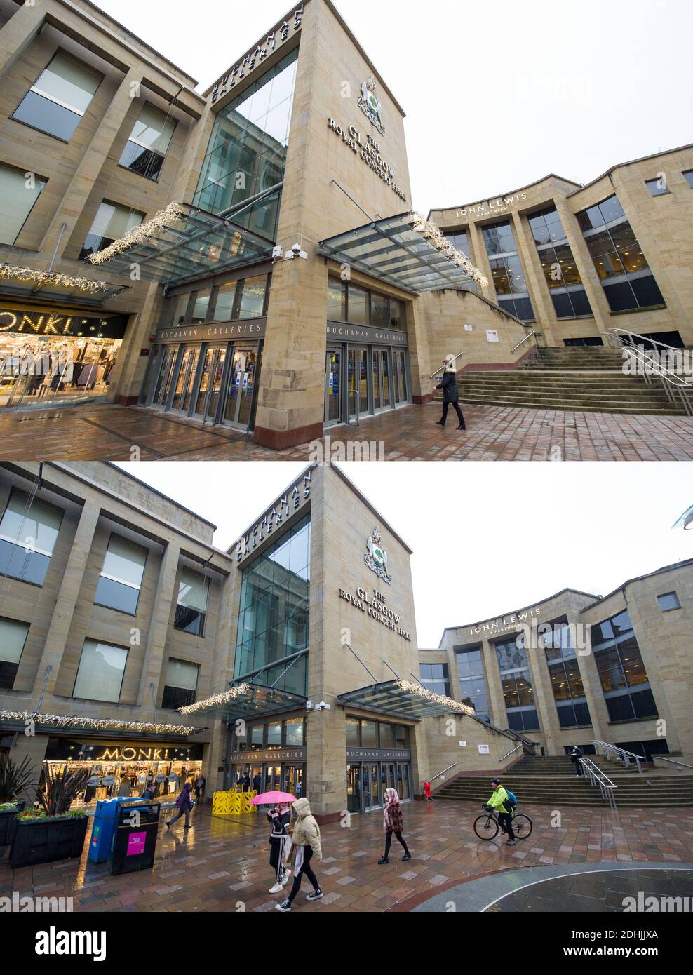 Glasgow, Scozia, Regno Unito. 11 Dicembre 2020. Nella foto: Centro commerciale Buchanan Galleries; (a sinistra) immagine del 10 dicembre. (A destra) immagine fatta oggi, 11 dicembre. Immagini composite prese a distanza di 24 ore, che mostrano la città di Glasgow ‘style Mile' che è Buchanan Street mostrando le scene tranquille quando era nella fase 4 blocco il 10 dicembre 2020. Oggi l'11 dicembre Glasgow è in fase 3 blocco dove tutti i negozi non essenziali sono aperti, dando agli acquirenti la possibilità di afferrare un affare last minute per Natale. Credit: Colin Fisher/Alamy Live News Foto Stock