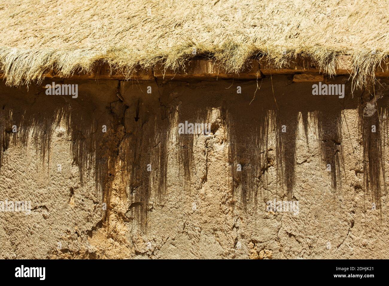Una chiesa tetto di paglia con erba di coiron sopra un muro di adobe nel villaggio di Socaire, le Ande, vicino a San Pedro de Atcama, Cile Foto Stock