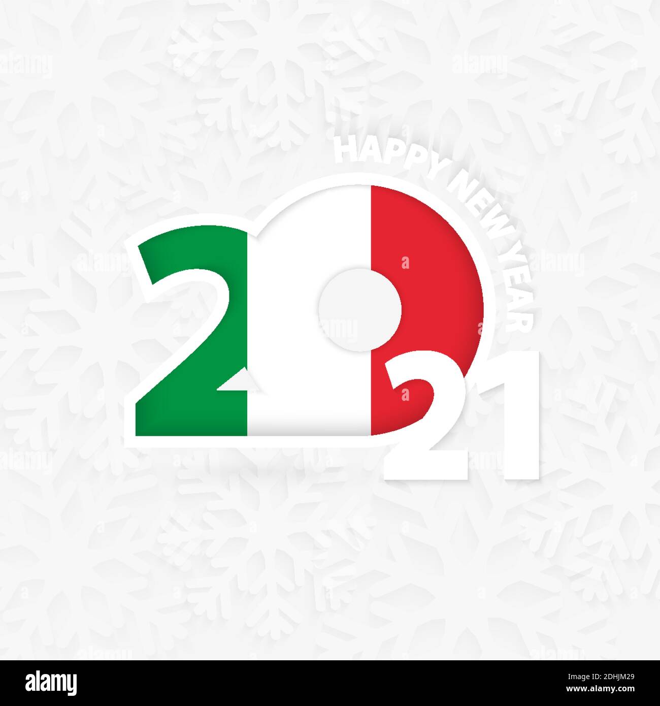 Felice anno nuovo 2021 per l'Italia su fondo fiocco di neve. Saluto l'Italia con il nuovo 2021° anno. Illustrazione Vettoriale