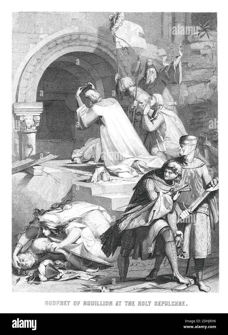 Illustrazione del XIX secolo di Goffredo di Brillion al Santo Sepolcro. Goffredo di Bouillon (c.. 1060 – 18 luglio 1100) è stato un Foto Stock