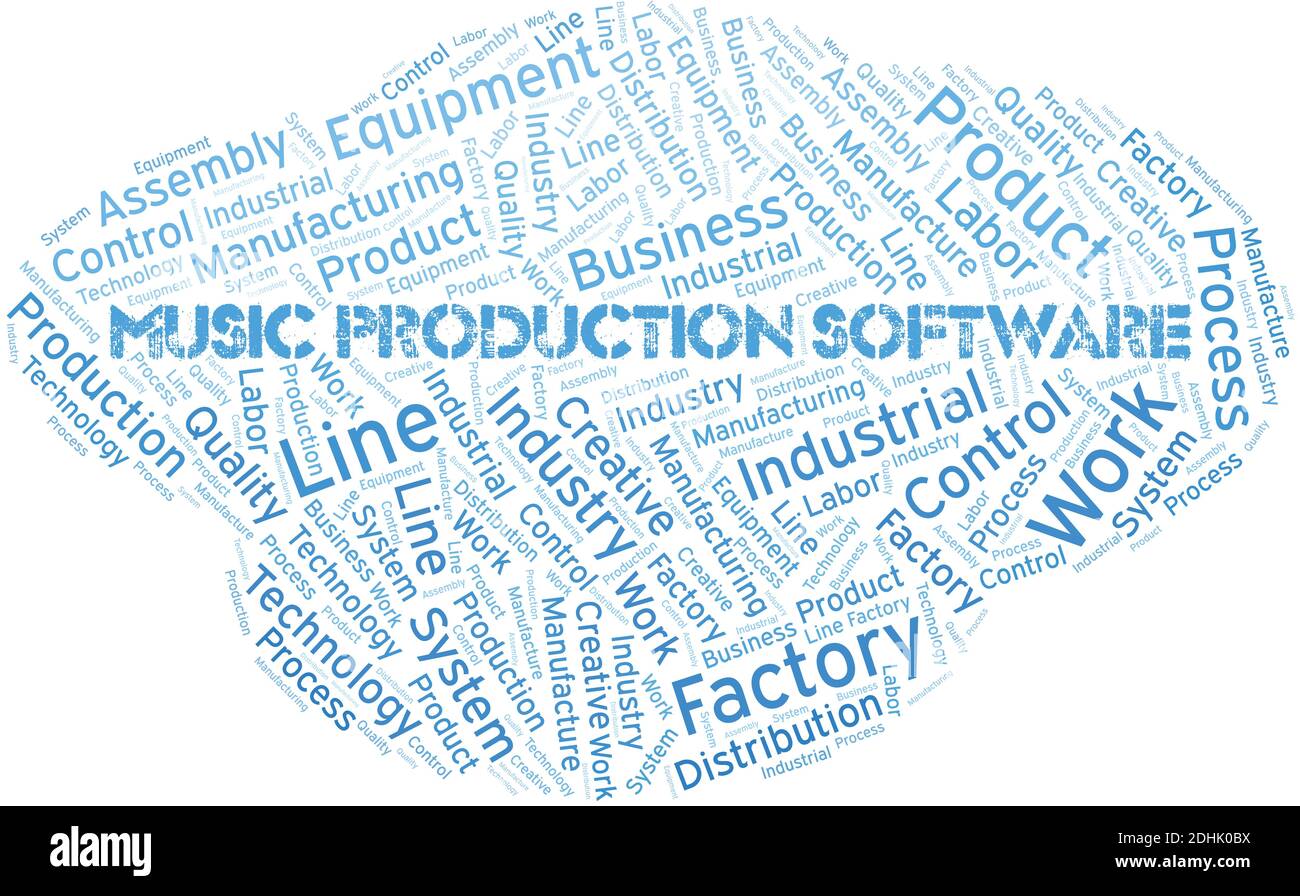 Music Production Software Word Cloud creare solo con il testo. Illustrazione Vettoriale
