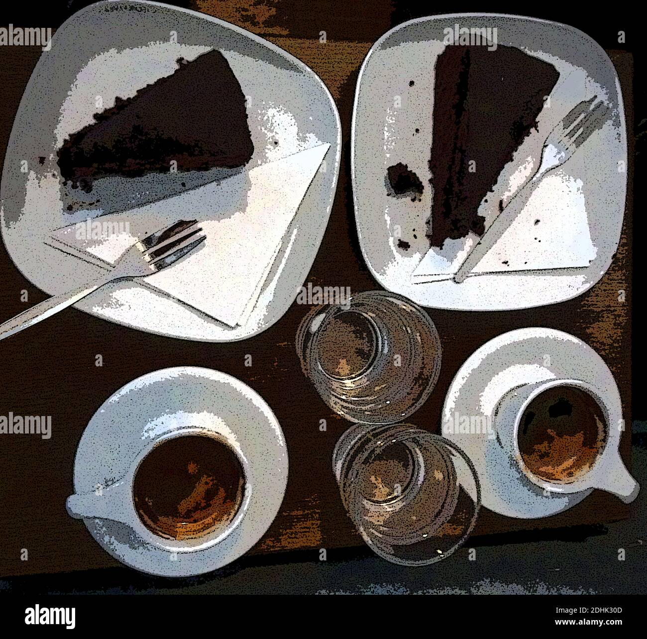 Illustrazione dei supporti misti illustrazione dell'arte di un set da tavolo per due tazze di caffè espresso, torta al cioccolato, bicchieri d'acqua caffè cultura, bar. Foto Stock