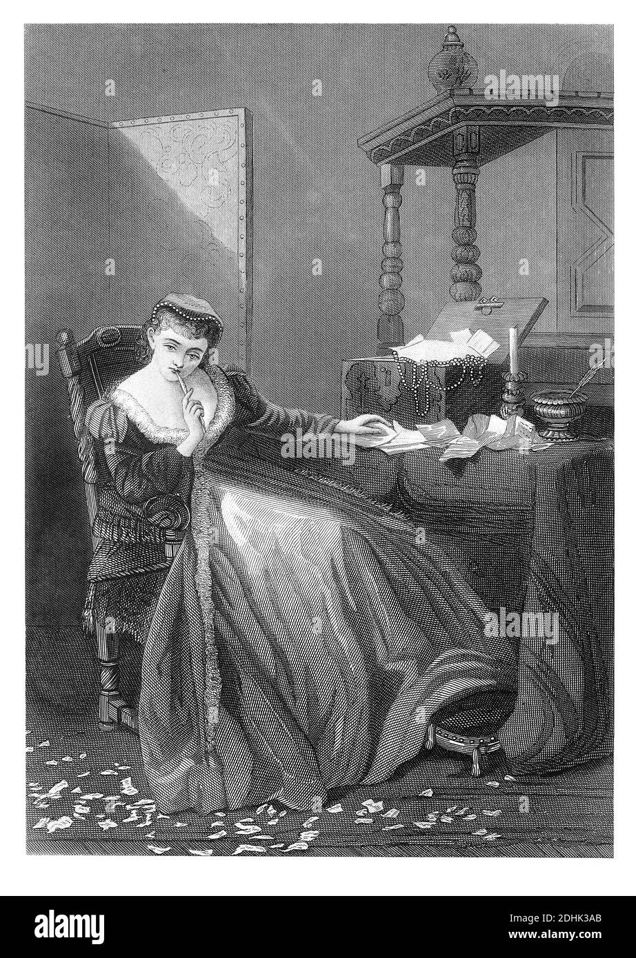 Illustrazione del XIX secolo - Sì o No. La giovane donna considera la risposta ad una lettera d'amore. Pubblicato in 'l'Enciclopedia Nazionale di Affari e sociali Foto Stock