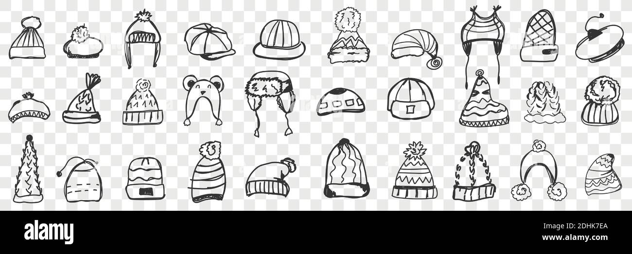 Headdress doodle Set. Collezione di vari cappelli e cappelli caldi  disegnati a mano da indossare durante l'inverno o l'autunno isolati su  sfondo trasparente. Illustrazione dei disegni per i look di testa-vestito  dei