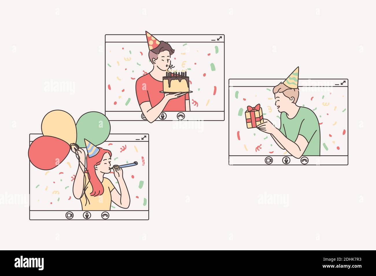 Festa online, compleanno, incontro virtuale con amici concetto Illustrazione Vettoriale