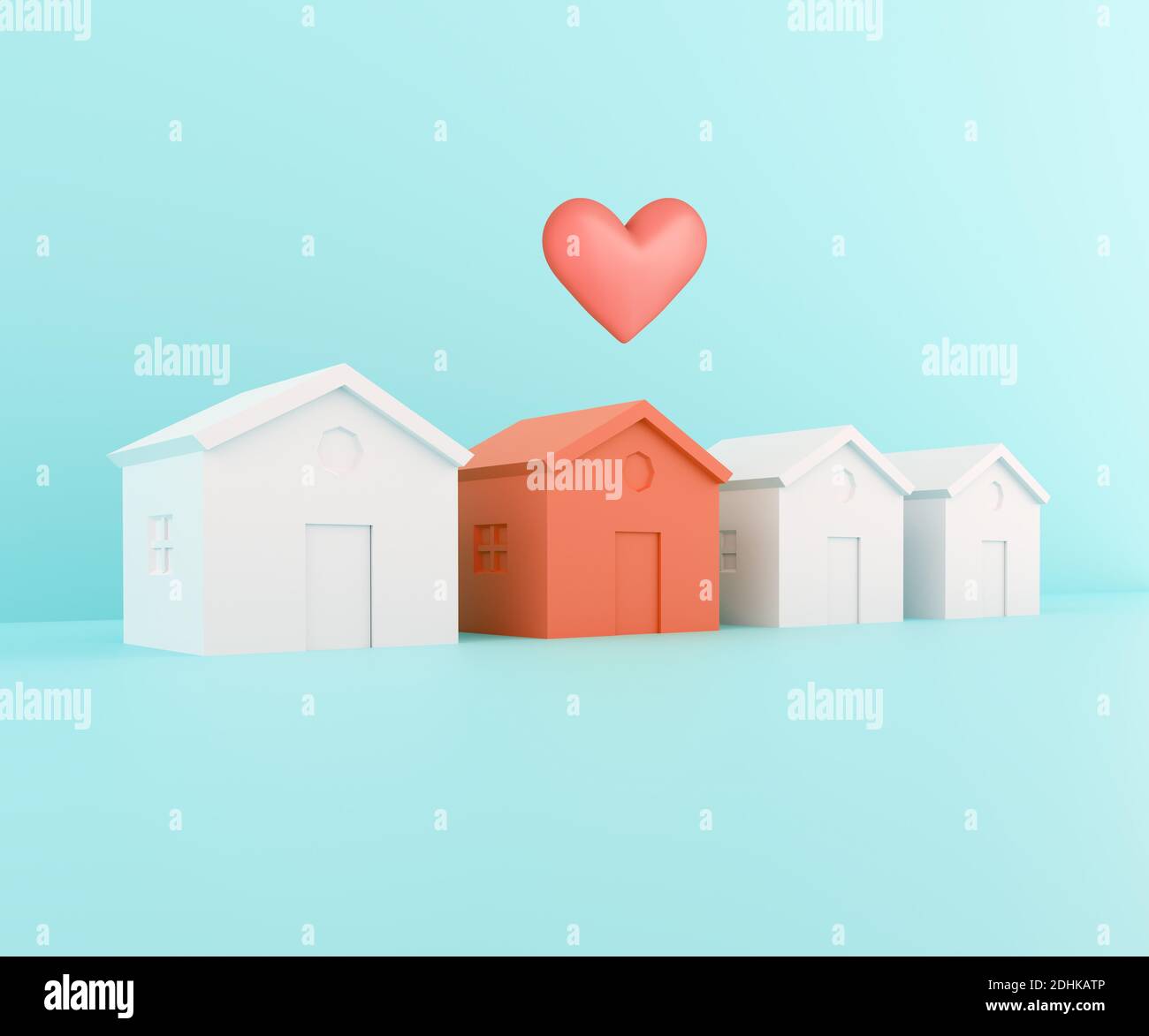 Case bianche e una rossa. Red papercraft casa con cuore, amato concetto di casa di famiglia. Ricerca di immobili, casa o nuova casa. illu. 3d Foto Stock