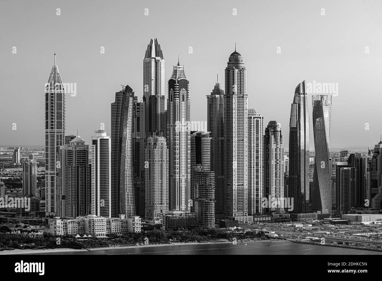 I cammelli sulla spiaggia di Jumeirah e grattacieli in backround in Dubai, Dubai, Emirati Arabi Uniti Foto Stock