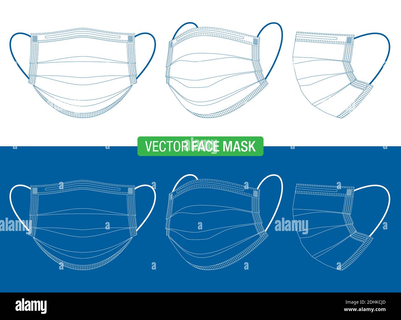 Disegno a linee delle maschere mediche per il viso in diversi angoli di visualizzazione. Modello vettoriale di maschere di protezione antivirus, di fronte, tre quarti, e viste laterali, isolati su bianco. Illustrazione Vettoriale
