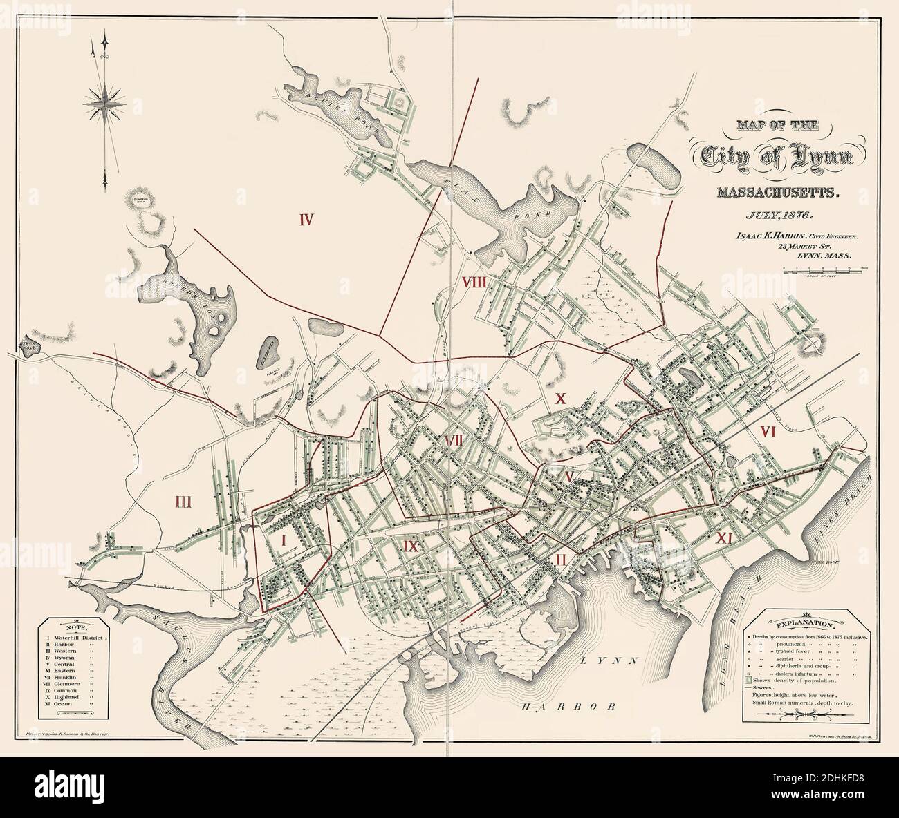 Tile: 'ap della città di Lynn, Massachusetts, luglio 1876.' La vecchia mappa di Lynn Massachusetts presenta luoghi di morte per varie malattie. La mappa divide la città in quartieri e mostra i binari ferroviari. Pubblicato nel 1876. Foto Stock