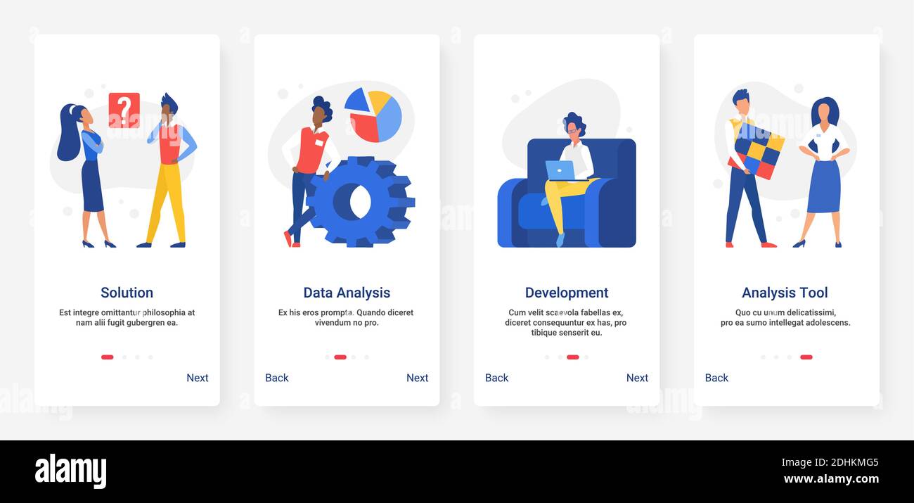 Analisi dei dati e tecnologie di ricerca di controllo, soluzioni per lo sviluppo aziendale illustrazione vettoriale. Pagina app mobile schermata integrata con cartoon flat sviluppatori persone che analizzano i dati grafico report Illustrazione Vettoriale