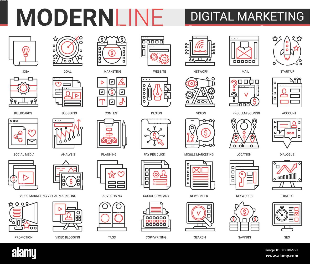 Marketing digitale complesso rosso nero linee di contorno icone vettore illustrazione. Illustrazione Vettoriale