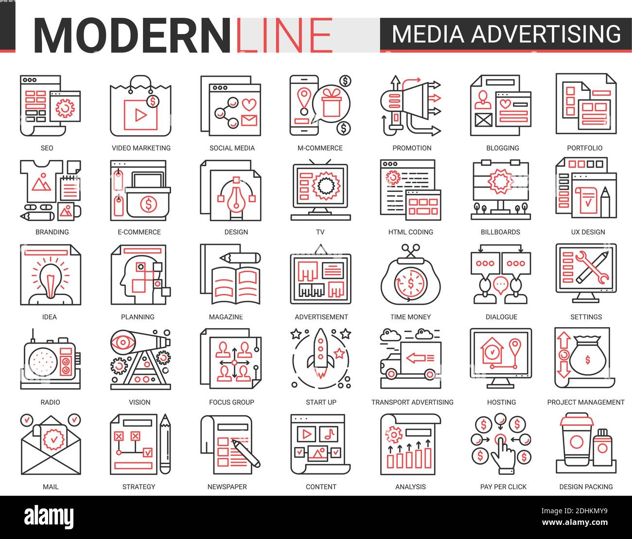Media pubblicità complessa linea vettore illustrazione set. Simboli di pittogramma infografico rosso nero sottile per applicazioni mobili con ricerca di strategia di marketing, promozione sui social media. Illustrazione Vettoriale