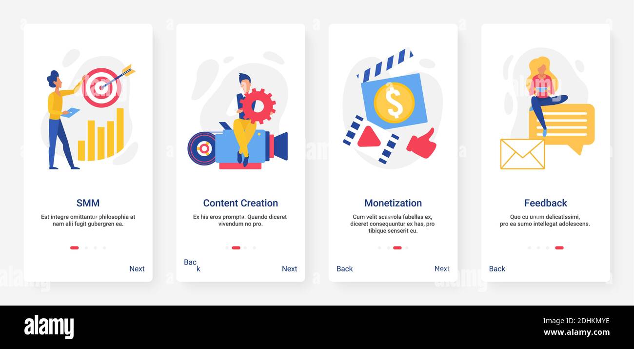 Social media marketing, target smm clienti, monetizzazione di contenuti creativi illustrazione vettoriale. Mobile app page onboard screen set con cartoon flat marketer persone lavorano per lo sviluppo aziendale Illustrazione Vettoriale