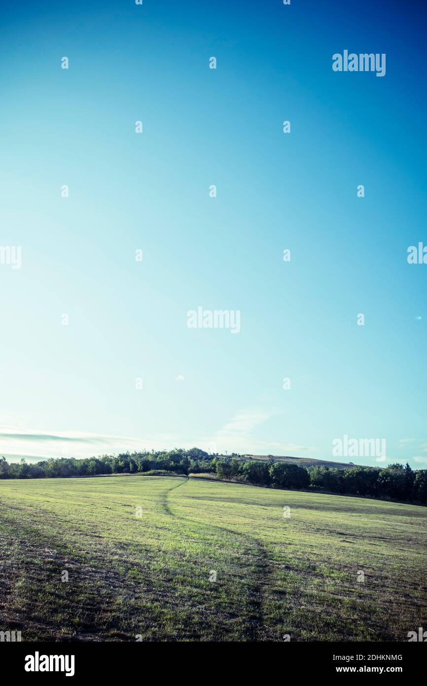 Un grande cielo su un campo con un sentiero che si snoda attraverso di esso, fuori Consett, County Durham, UK Foto Stock