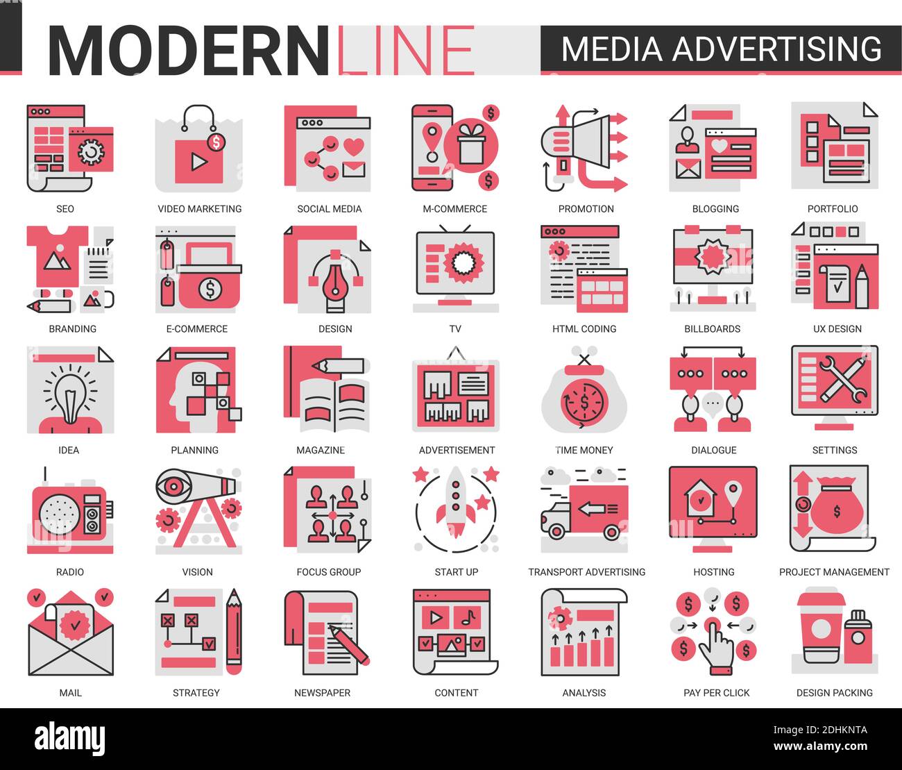 Media pubblicità complessa linea piatta icona vettore illustrazione set. Collezione nera rossa di simboli pittogrammi infografici per applicazioni mobili con ricerca di strategia di marketing, promozione sui social media Illustrazione Vettoriale