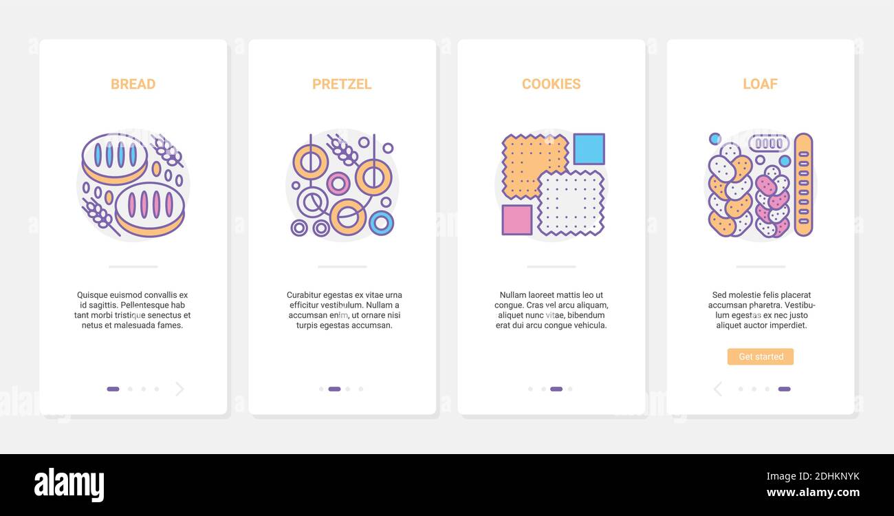 Pasticceria, panificio caffè prodotti alimentari illustrazione vettoriale. UX, UI onboarding mobile app page screen set con line prima colazione menu snack pane, biscotti al forno, pretzel diversi pasto, pane Illustrazione Vettoriale