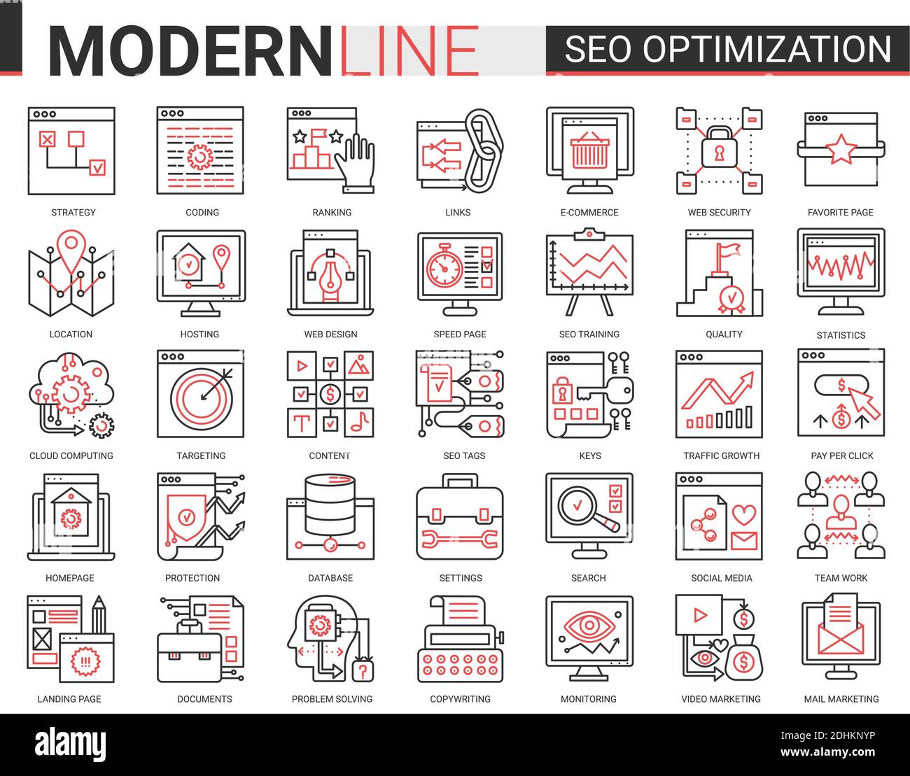 Tecnologia di ottimizzazione SEO Set di icone di linee vettoriali complesse. Simboli dei siti Web di analisi tecnica per Internet ottimizzazione del marketing aziendale nei social media, supporto alla progettazione di app digitali e sviluppo Web. Illustrazione Vettoriale