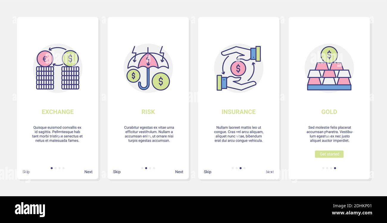Illustrazione del vettore assicurativo finanziario bancario. UX, UI onboarding mobile app page set con sicurezza finanziaria di linea, protezione contro i rischi nelle transazioni bancarie di cambio, investimenti di denaro sicuri Illustrazione Vettoriale
