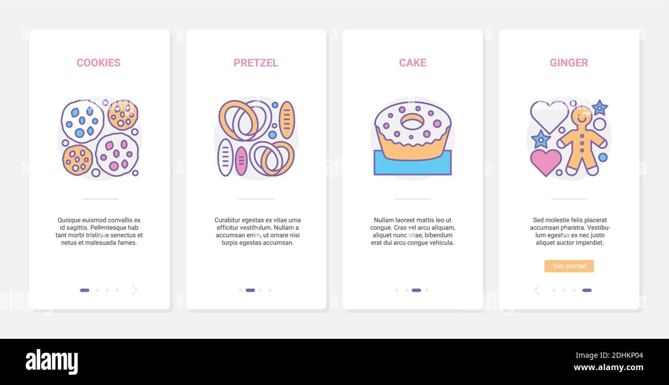 Pasticceria, panificio caffè prodotti alimentari illustrazione vettoriale. UX, UI onboarding mobile app page screen set con linea di menu spuntini colazione, biscotti al forno, pretzel, pan di zenzero e torta Illustrazione Vettoriale