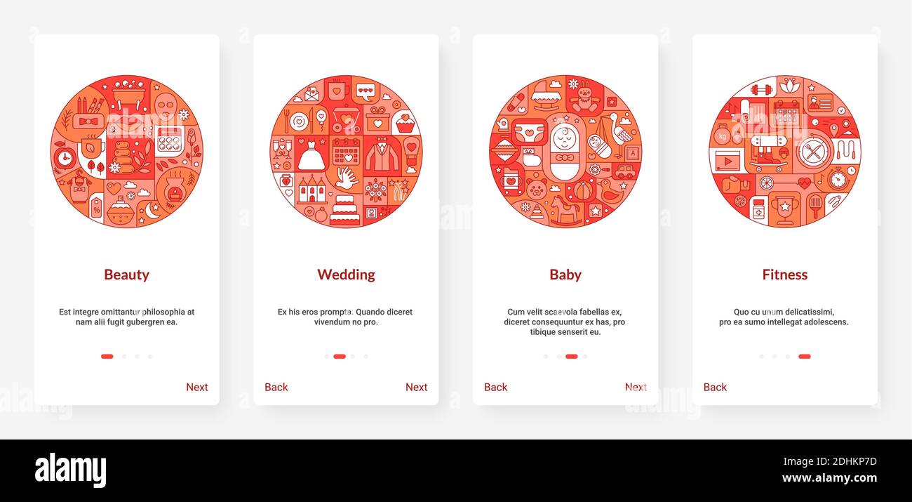 Bellezza matrimonio bambino fitness concetto di sport, sottile linea rossa disegno illustrazione vettoriale. UX, UI onboarding mobile app page set con articoli per bambini, simboli sposi, cura della pelle di bellezza Illustrazione Vettoriale