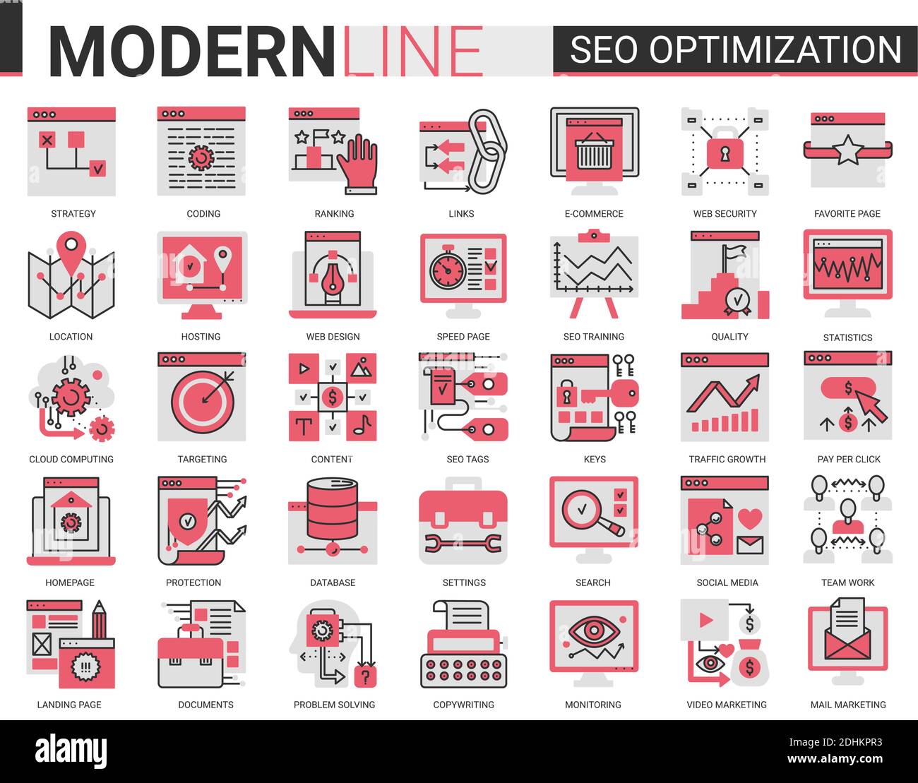 Tecnologia di ottimizzazione SEO vettore complesso linea piatta set di icone. Tech Analytics simboli di siti web internet ottimizzare il business marketing nei social media, il supporto della progettazione di app digitali, lo sviluppo web. Illustrazione Vettoriale