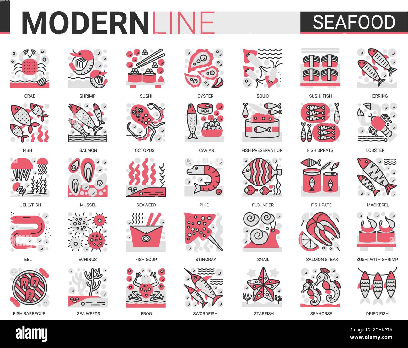 Mini simboli di concetto di linea piatta di pesce. Rosso nero infografica design est ristorante mare icone set cibo. Illustrazione Vettoriale