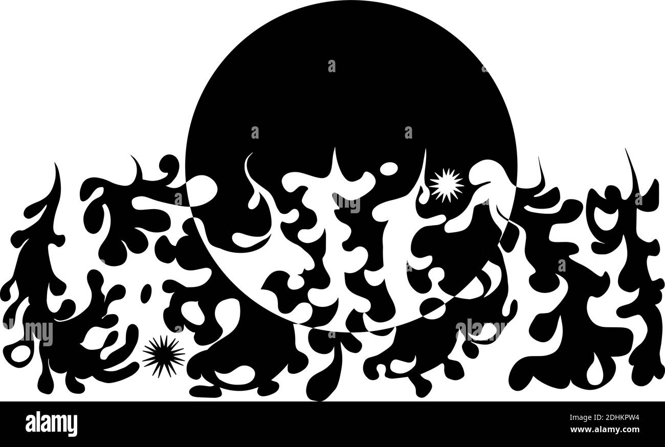 Disegno giorno e notte del sole e nuvole e raggi del sole con stelle in curve grafiche in bianco e nero. Spazio di copia per la progettazione del testo. Illustrazione Vettoriale