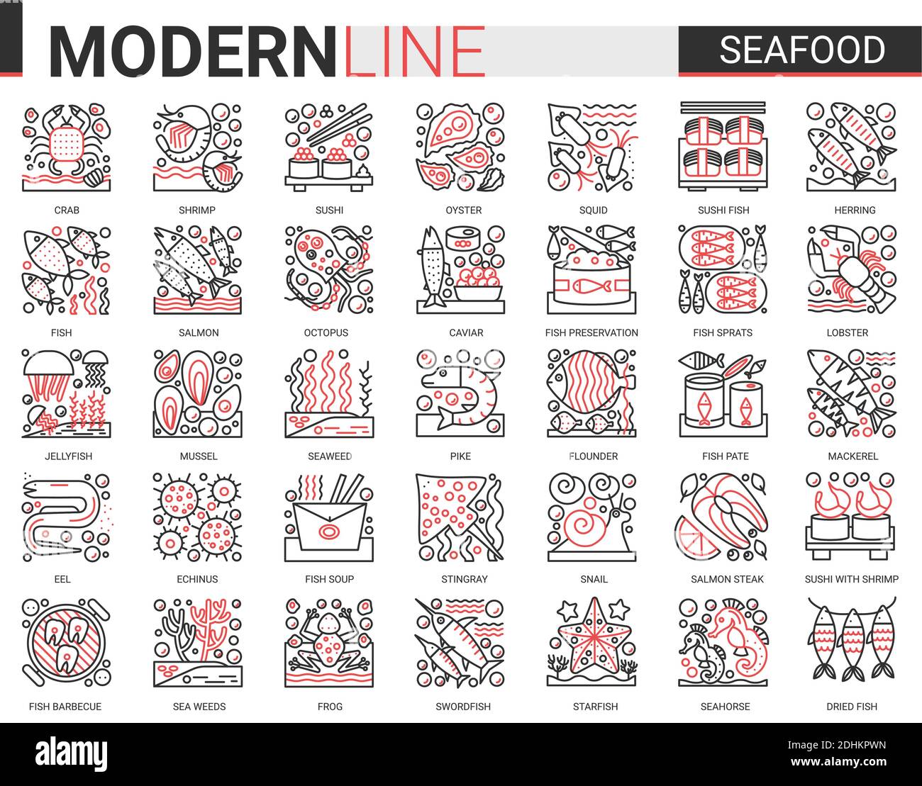 Mini simboli di concetto di contorno del pesce. Rosso nero linea sottile infografica design est ristorante mare cibo moderno linea sottile icone set. Illustrazione Vettoriale