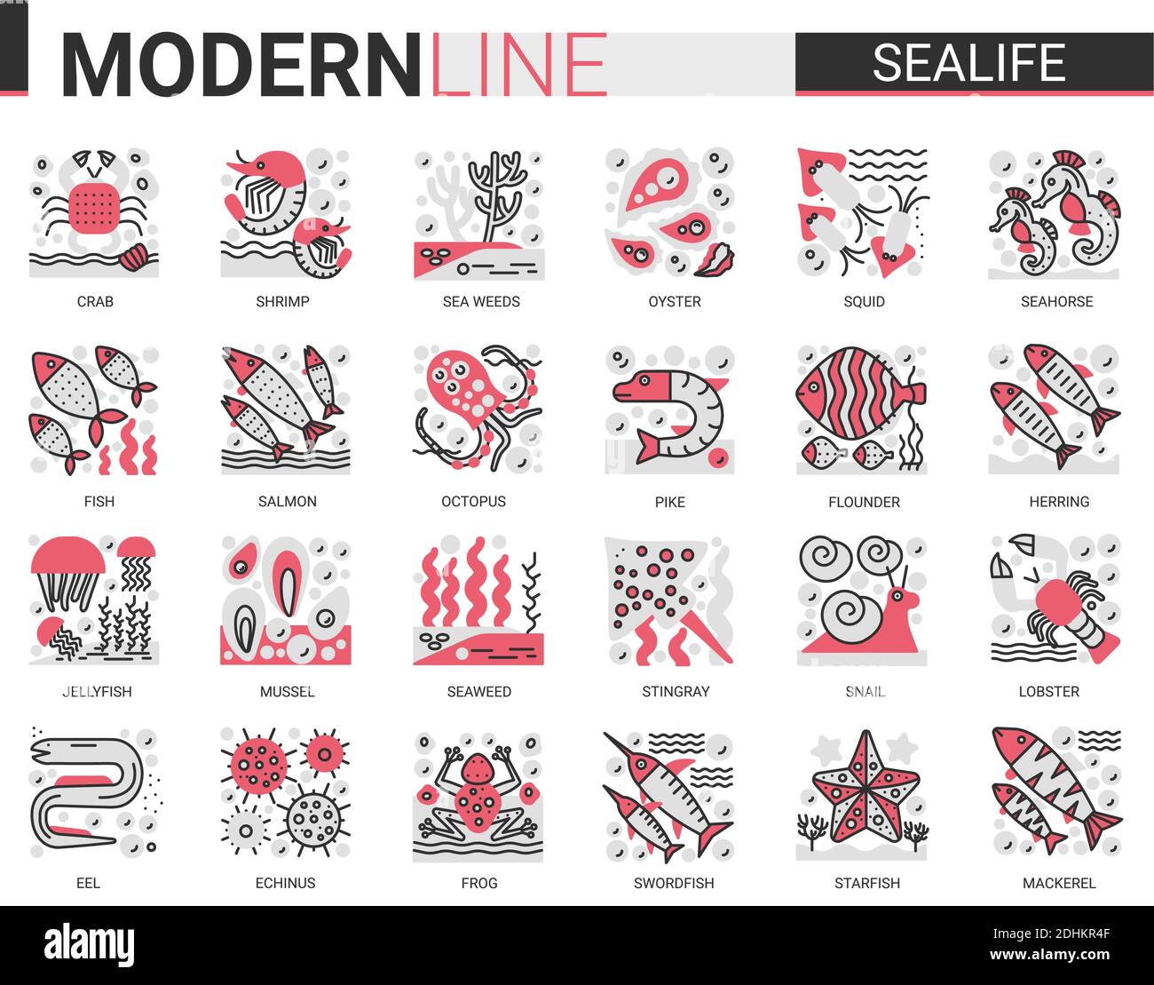 Simboli di concetto mini linea piatta Sealife. Rosso nero infografica design est ristorante SEA LIFE icone moderne set. Illustrazione Vettoriale