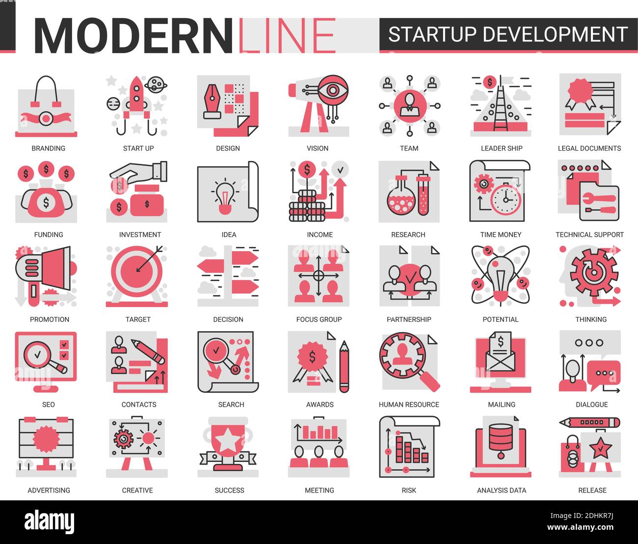 Tecnologia di sviluppo per startup aziendali complessa serie di illustrazioni vettoriali con icone piatte rosse nere. Strategia aziendale di successo per l'avvio di nuovi simboli di progetto che sviluppano la ricerca sulle idee per l'innovazione Illustrazione Vettoriale