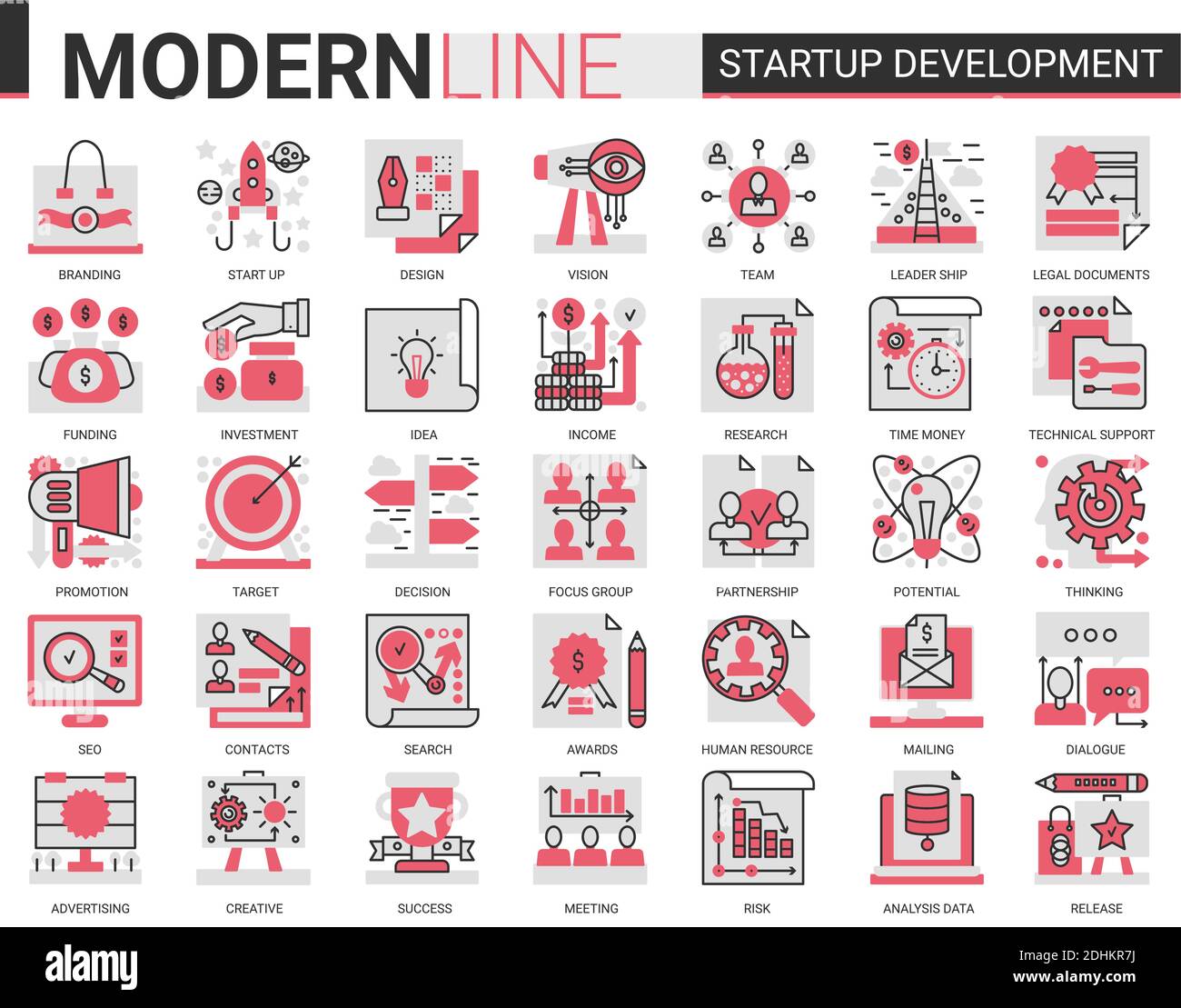 Tecnologia di sviluppo per startup aziendali complessa serie di illustrazioni vettoriali con icone piatte rosse nere. Strategia aziendale di successo per l'avvio di nuovi simboli di progetto che sviluppano la ricerca sulle idee per l'innovazione Illustrazione Vettoriale