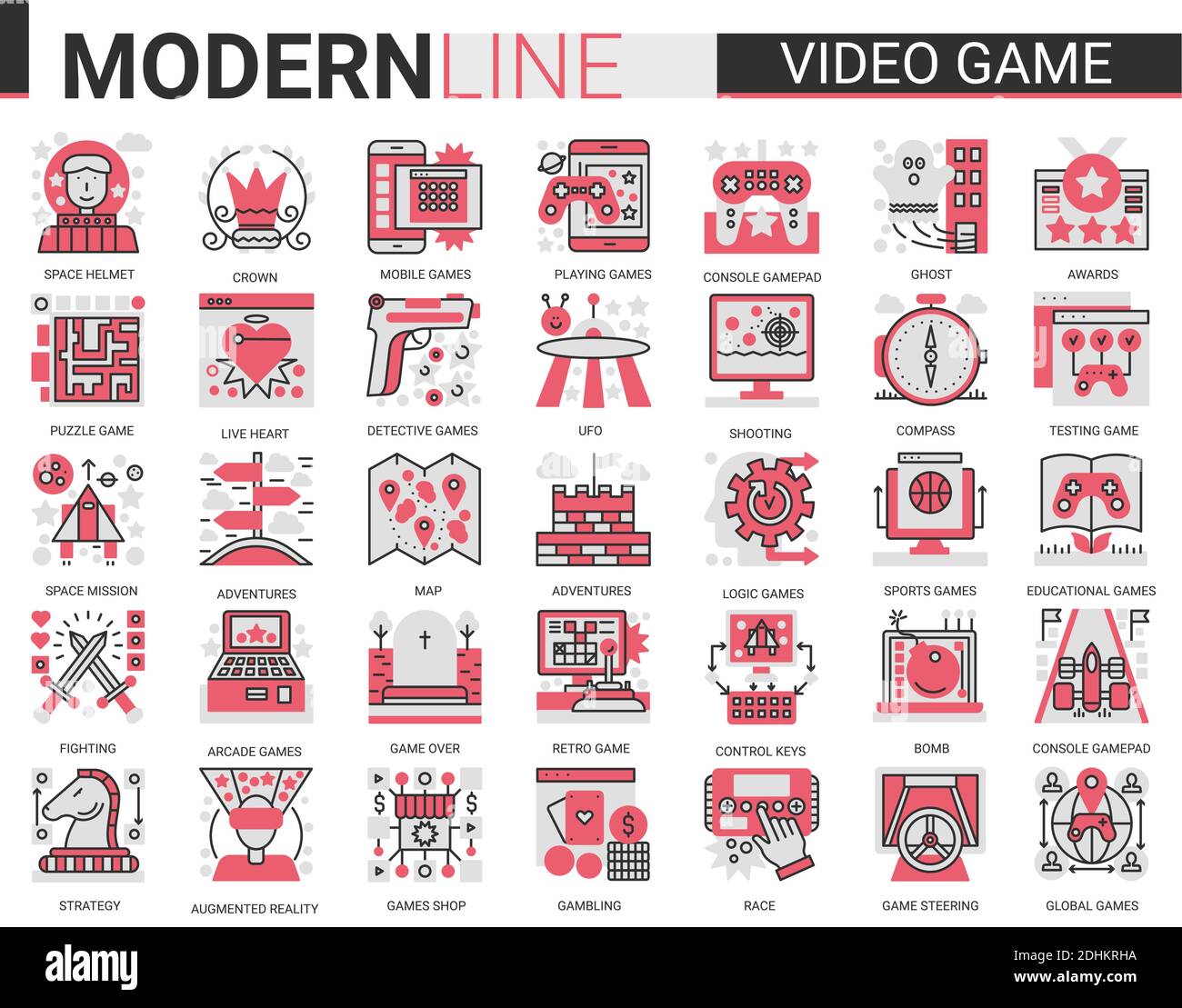 Video game red black complesso flat line icona vettoriale set di illustrazioni con app mobile per l'intrattenimento raccolta di simboli, dispositivi e gadget per i giocatori, occhiali vr per il gioco in realtà aumentata. Illustrazione Vettoriale