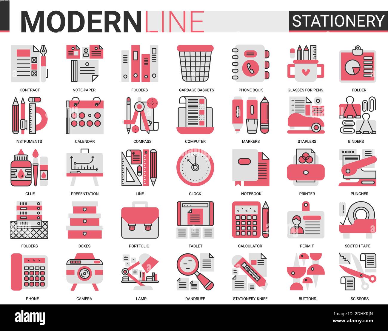 Set di illustrazioni vettoriali con icone a linea piatta complessa di colore rosso fisso. Scuola business Office fornisce la collezione di simboli con penna matita forbici cartella colla calcolatrice calendario notebook libro cartella. Illustrazione Vettoriale