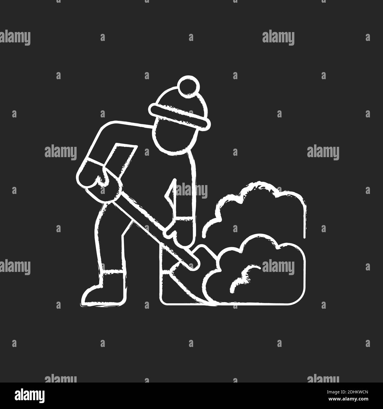 Icona bianca gesso con pala a mano su sfondo nero Illustrazione Vettoriale