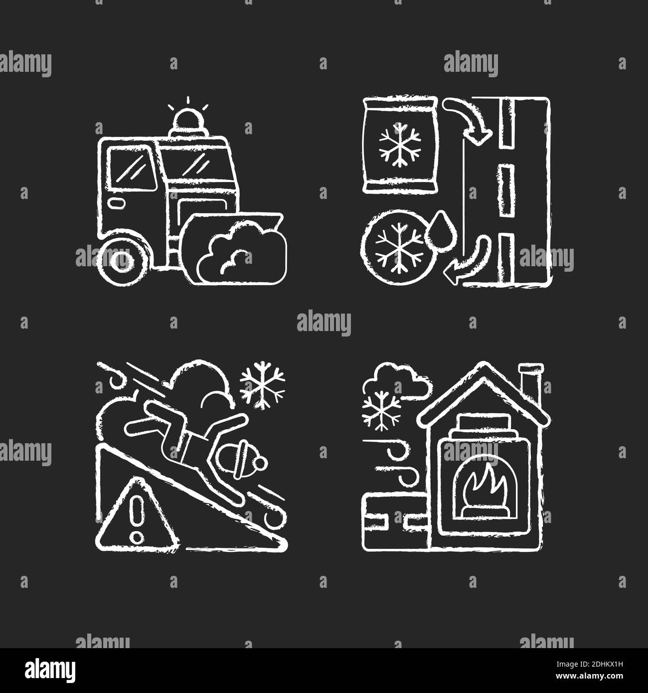 Servizi di eliminazione del ghiaccio icone bianche in gesso su sfondo nero Illustrazione Vettoriale