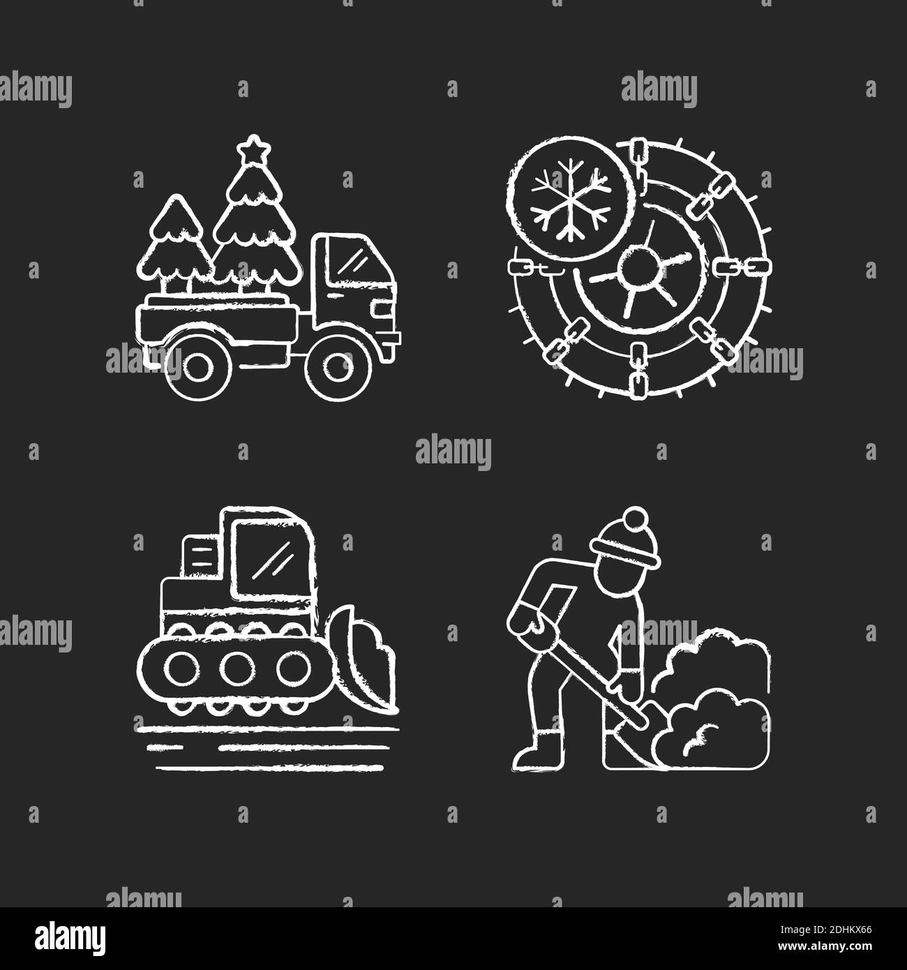 Vacanze invernali servizio gesso bianco icone set su sfondo nero Illustrazione Vettoriale