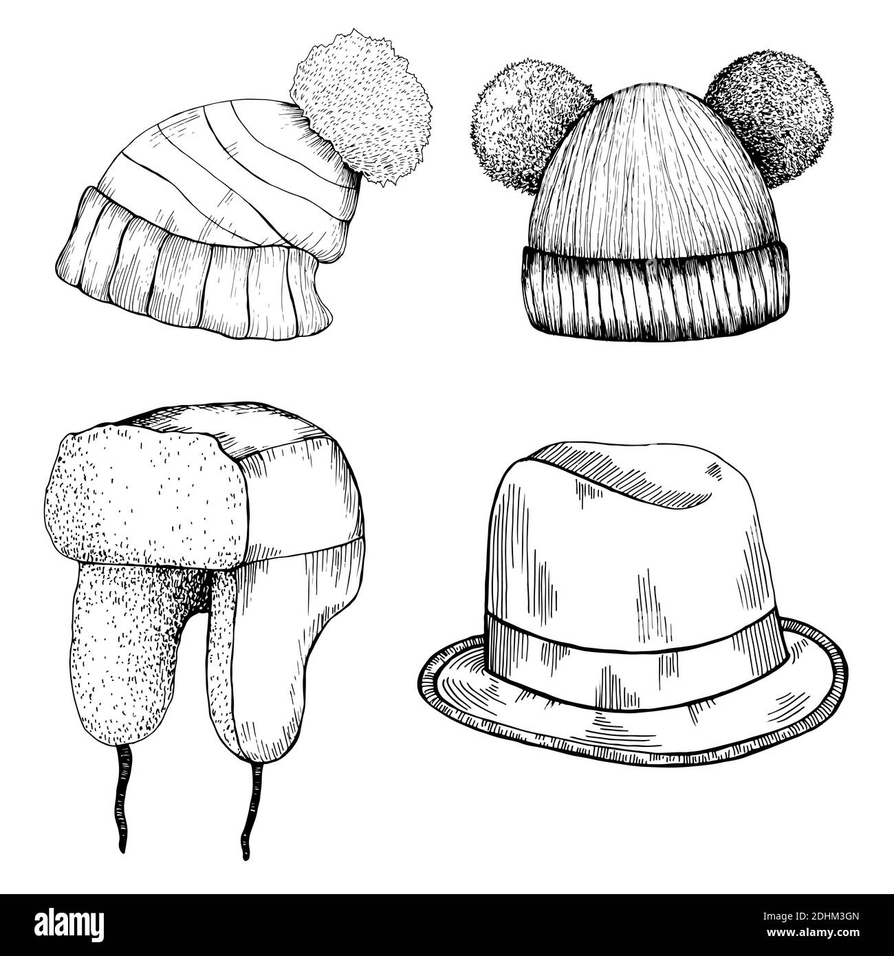 Cappelli in stile fumetto. Set di diversi cappelli con pom pom, cappello con lembi auricolari, cappello divertente con due pom-pom, cappello Homburg, isolato su bianco. Illustrazione Vettoriale