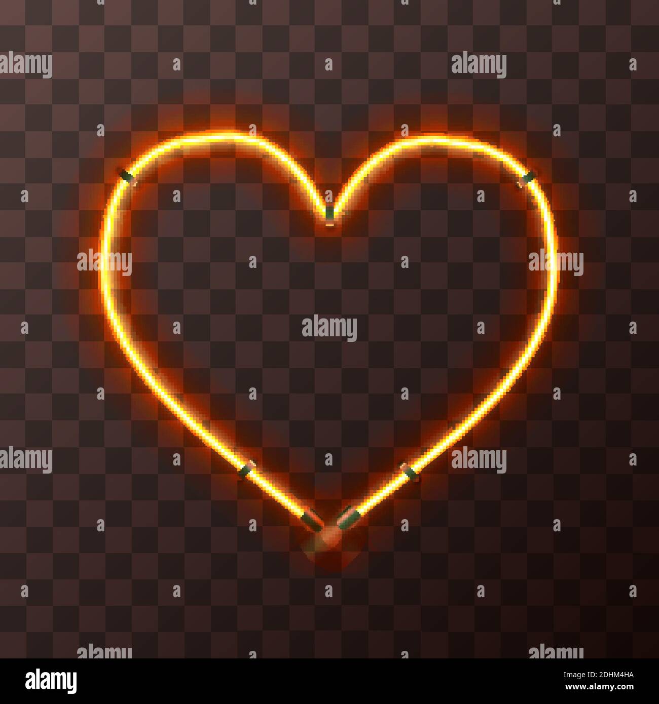 Cornice al neon a forma di cuore giallo brillante e arancione, sagoma su trasparente Illustrazione Vettoriale